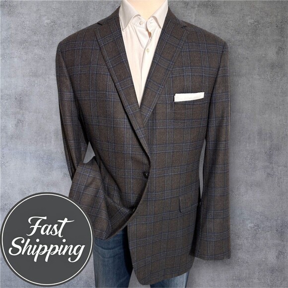 Tom James Mens 50XL Cashmere Windowpane Brown Blazer Sport Coat 2-Button Jacket - Picture 1 of 11